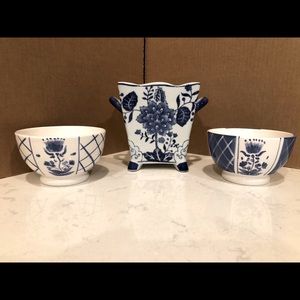Blue and White Floral Vase and two bowls